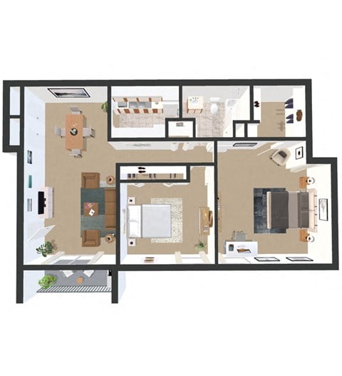 Floor plan for 2 beds, 1 bath, 896 sqft